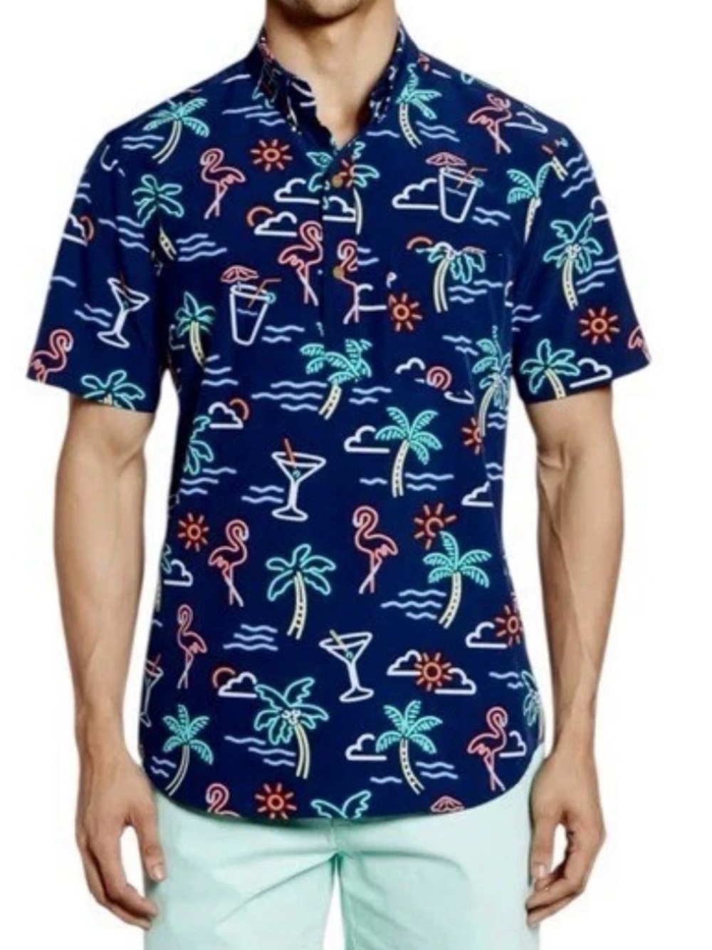 Chubbies The Friday Shirt Men’s Large Neon Tropical Flamingo Palm Tree Button Up